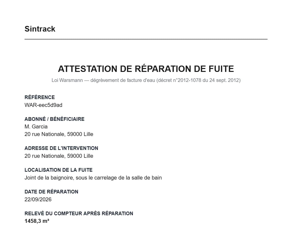 Attestation de réparation de fuite (loi Warsmann) générée automatiquement par Sintrack