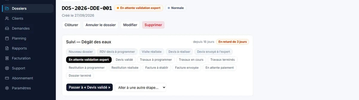 Fiche d'un dossier dégât des eaux : frise des étapes, étape actuelle « En attente validation expert », depuis 18 jours, en retard de 3 jours